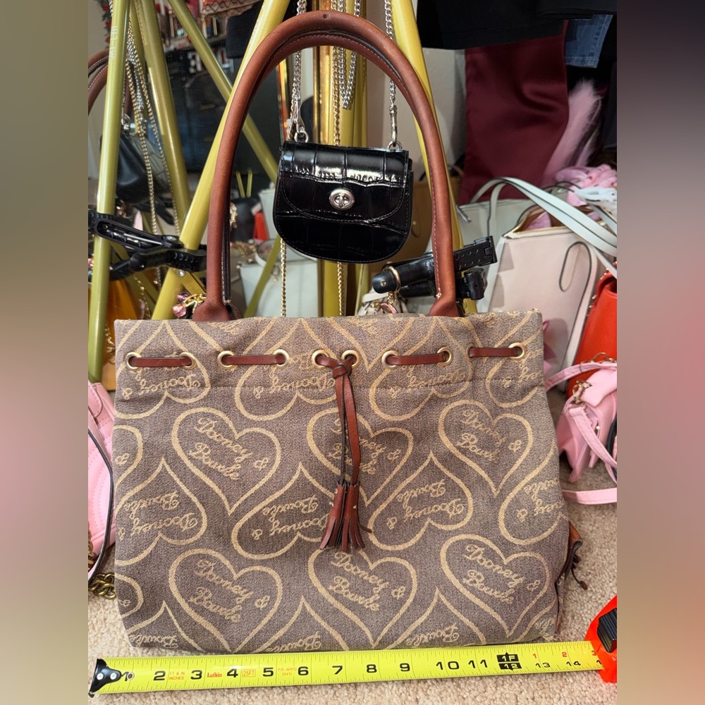 Vintage Dooney & Bourke Heart Print Canvas Tote Bag Brown Leather Y2K